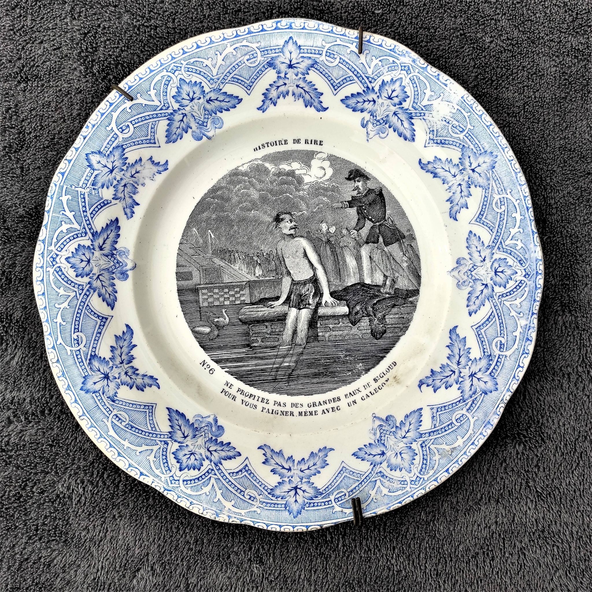 Earthenware plate Creil Montereau Histoire de Rire N° 6 Swimming in ST CLOUD