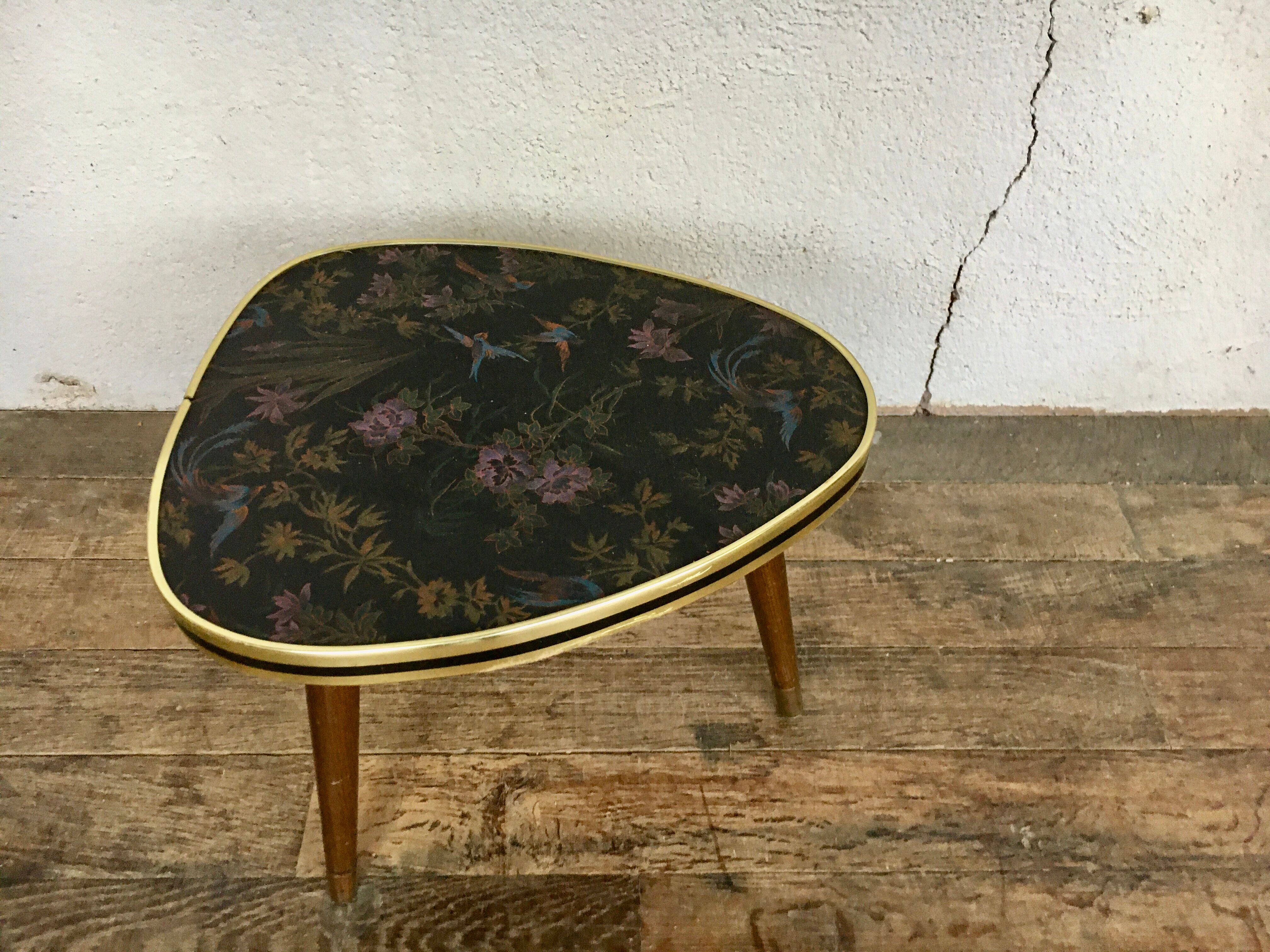 Small triangular table coffee table birds vintage flowers tripod door plant midcentury 1950