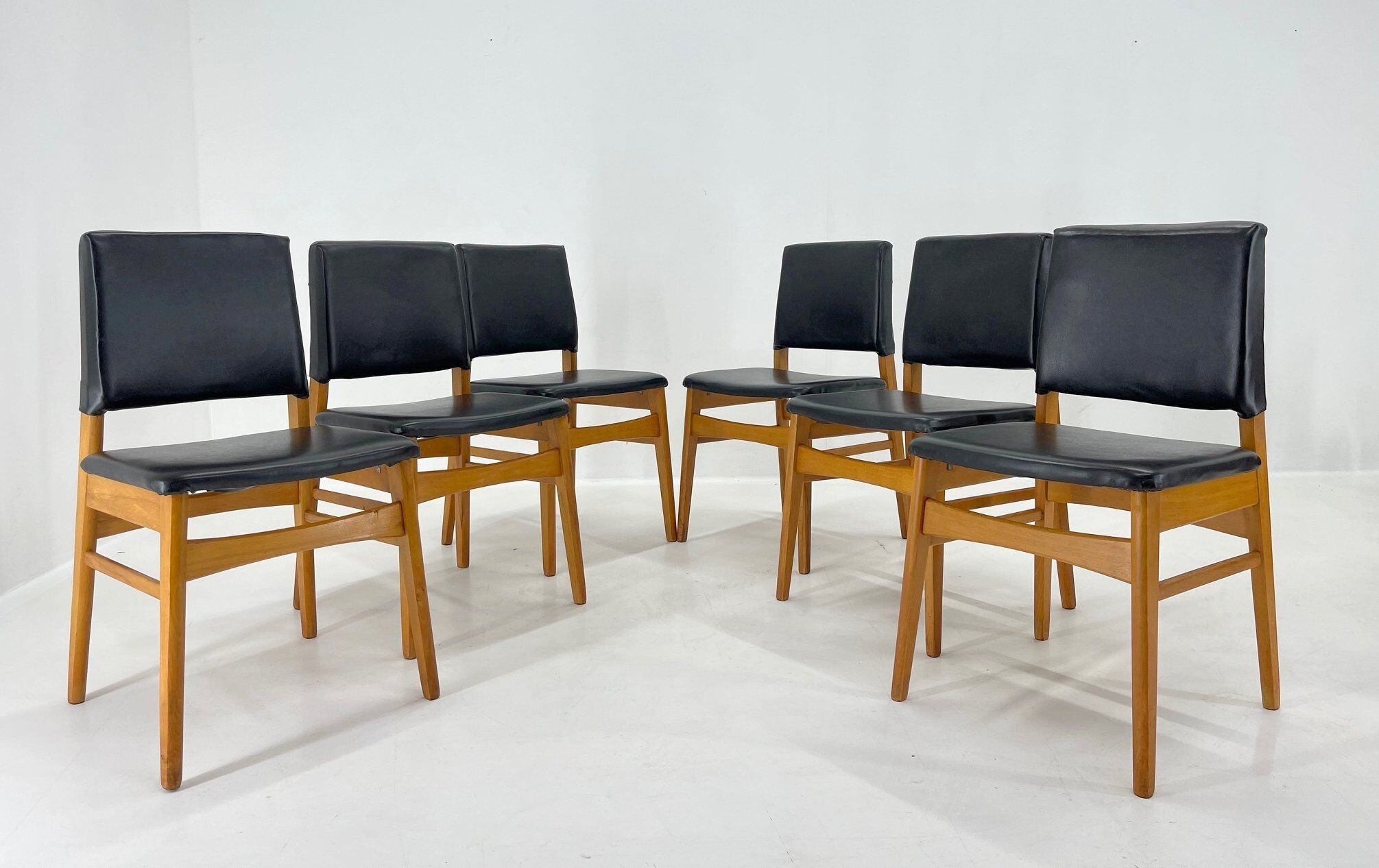 Set of 6 Leatherette & Wood Chairs, Czechoslovakia, 1960's