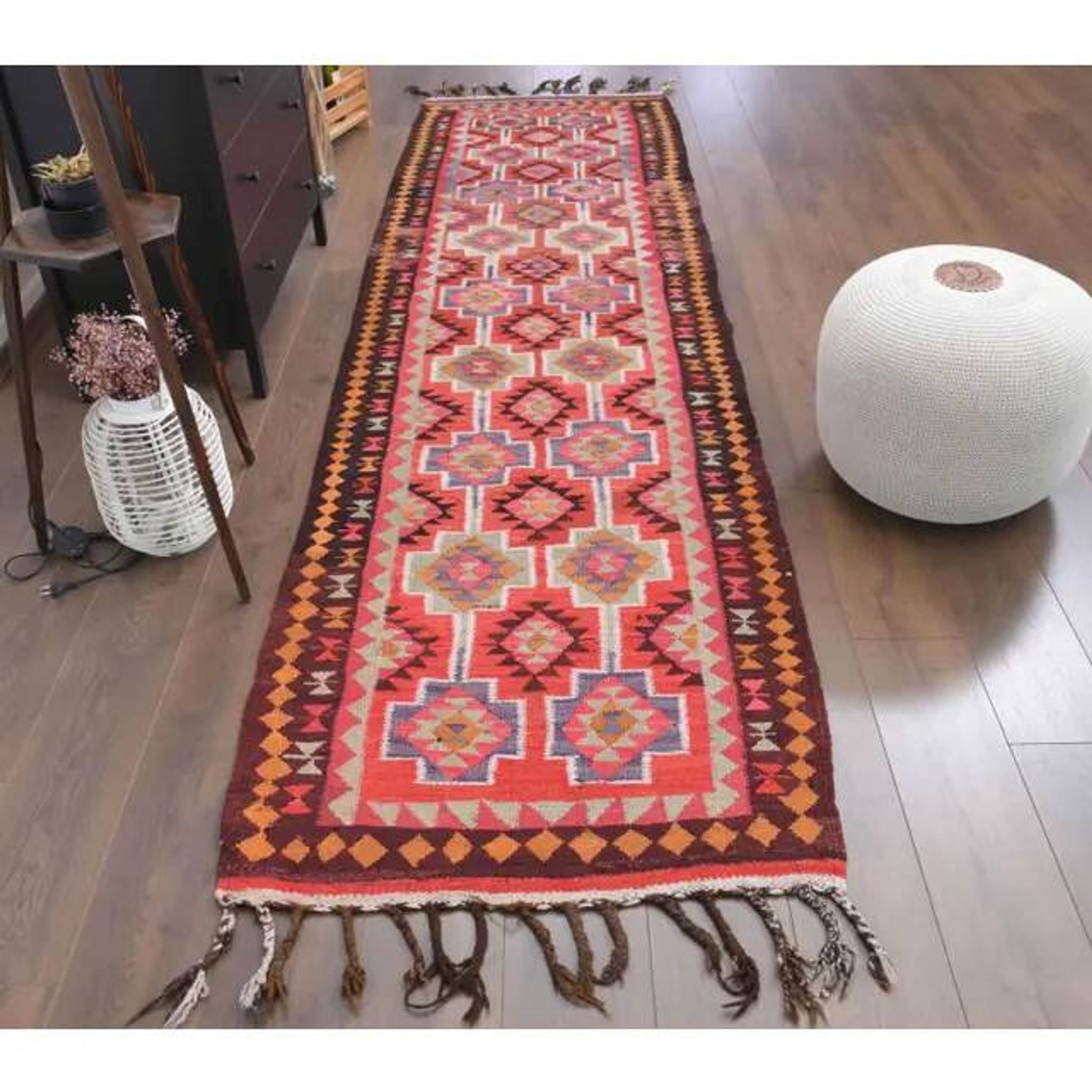 1970s Vintage Turkish Hand-Knotted Wool Cotton Red Runner Rug 94x347