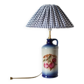 Vintage table lamp Hautlalampe: blue Alsace stone base and pleated Vichy shade.