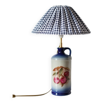 Lampe à poser vintage Hautlalampe : pied en grès d’Alsace bleu et abat-jour Vichy plissé