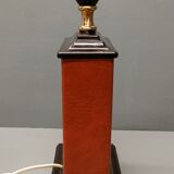 Lamp Le Dauphin black ceramic glazed, wicker canelé, imitation leather havana ~ 70's