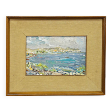 Oil painting by Alexander Michael of a coastal landscape in Moreira, Spain 1986.