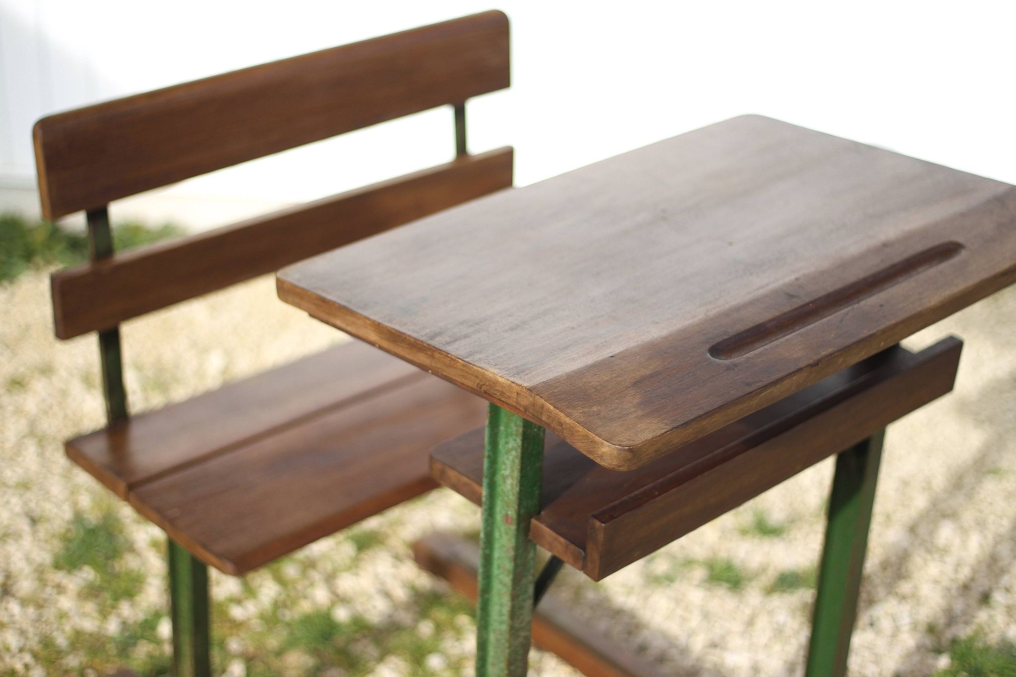 Vintage desk, wooden and metal children's desk, school desk