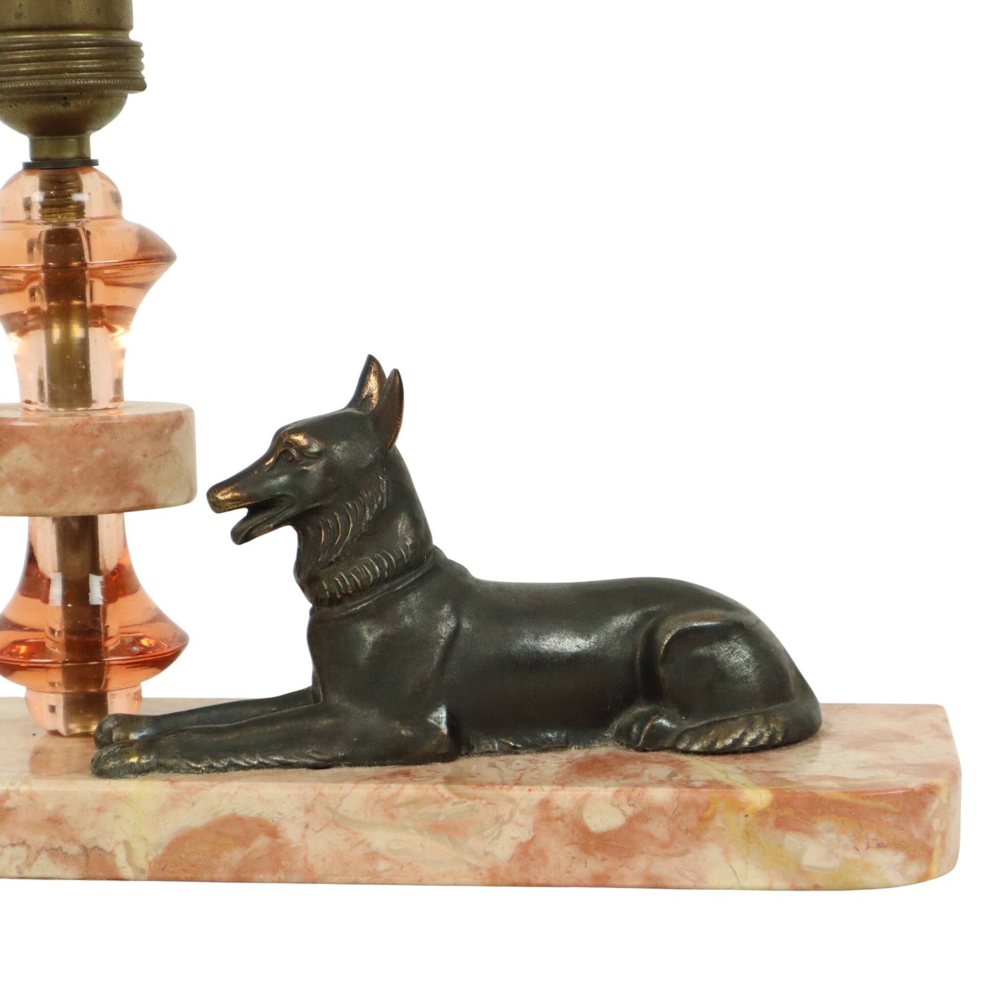 French Art Deco Table Lamp Pink Marble Glass Shepherd Dog