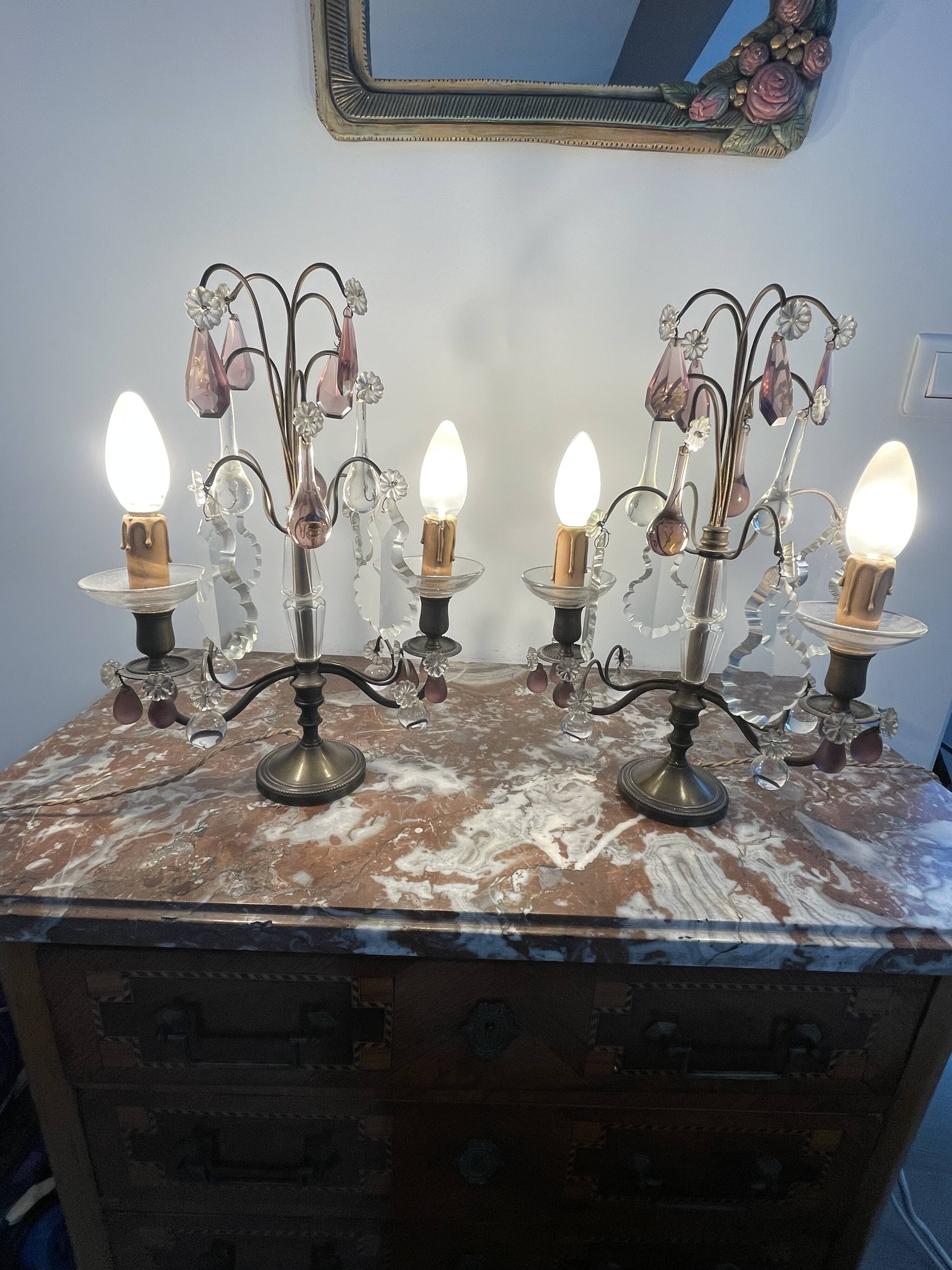 pair of chandeliers, lamp, silver-plated metal, crystal, tassels, florets, pendant, rosettes