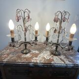 pair of chandeliers, lamp, silver-plated metal, crystal, tassels, florets, pendant, rosettes