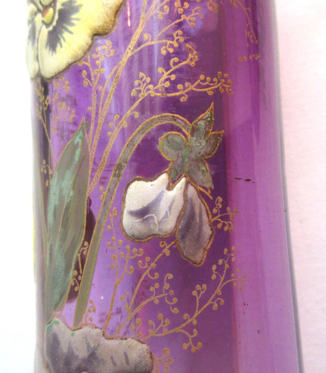 Legras enameled vase, multicolored pansies, colorless gradient purple glass