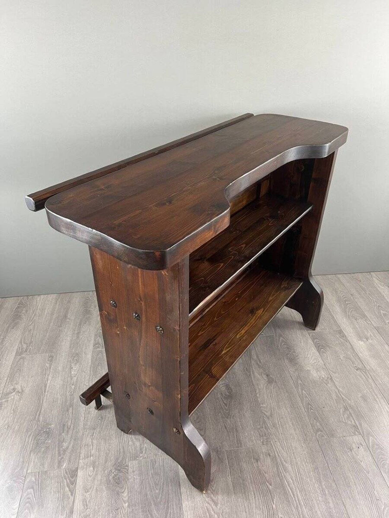 Rustic Carved Wooden Bar with Stools and Wine Chest, 20th Century