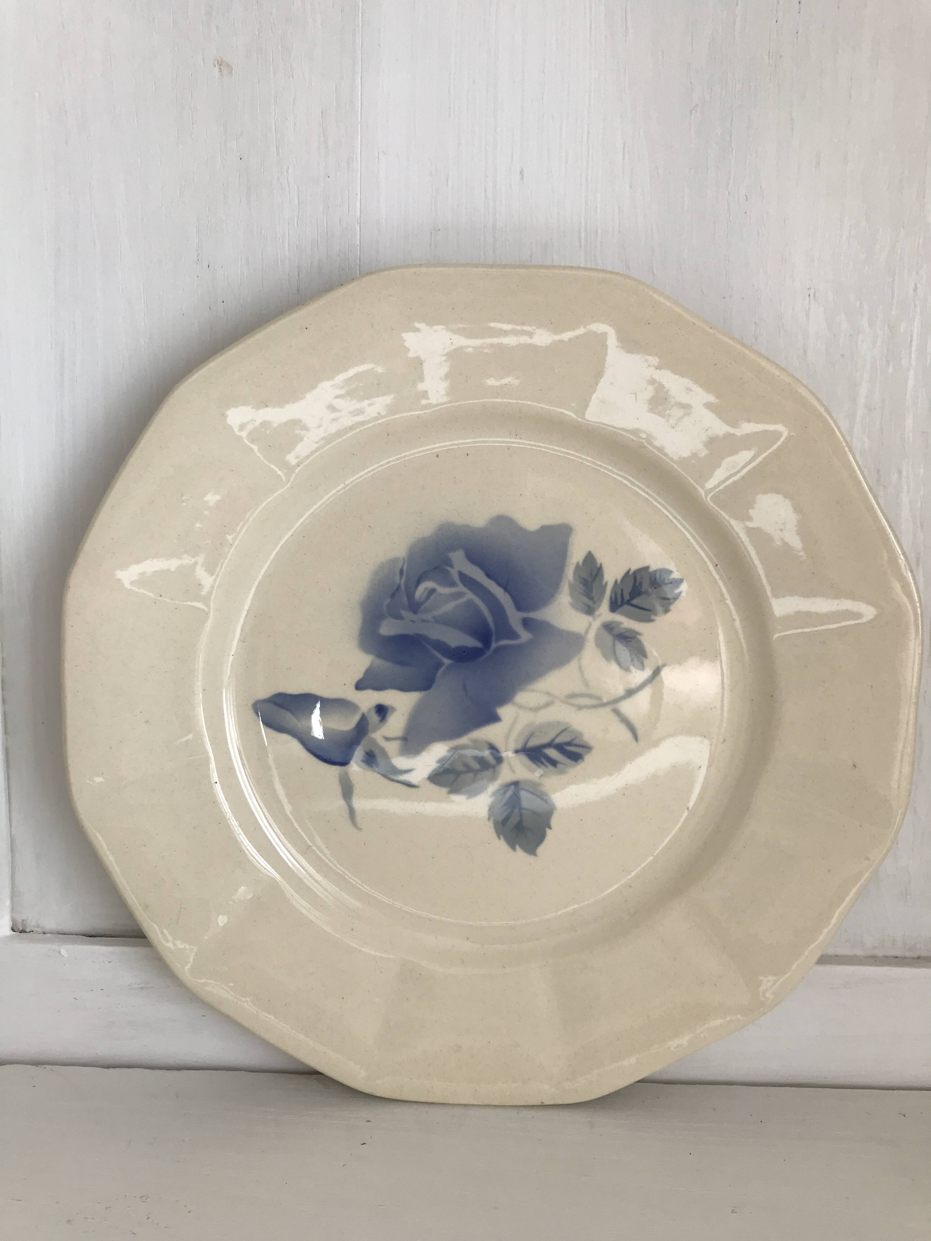 Set of 11 Digoin flat plates, blue rose patterns