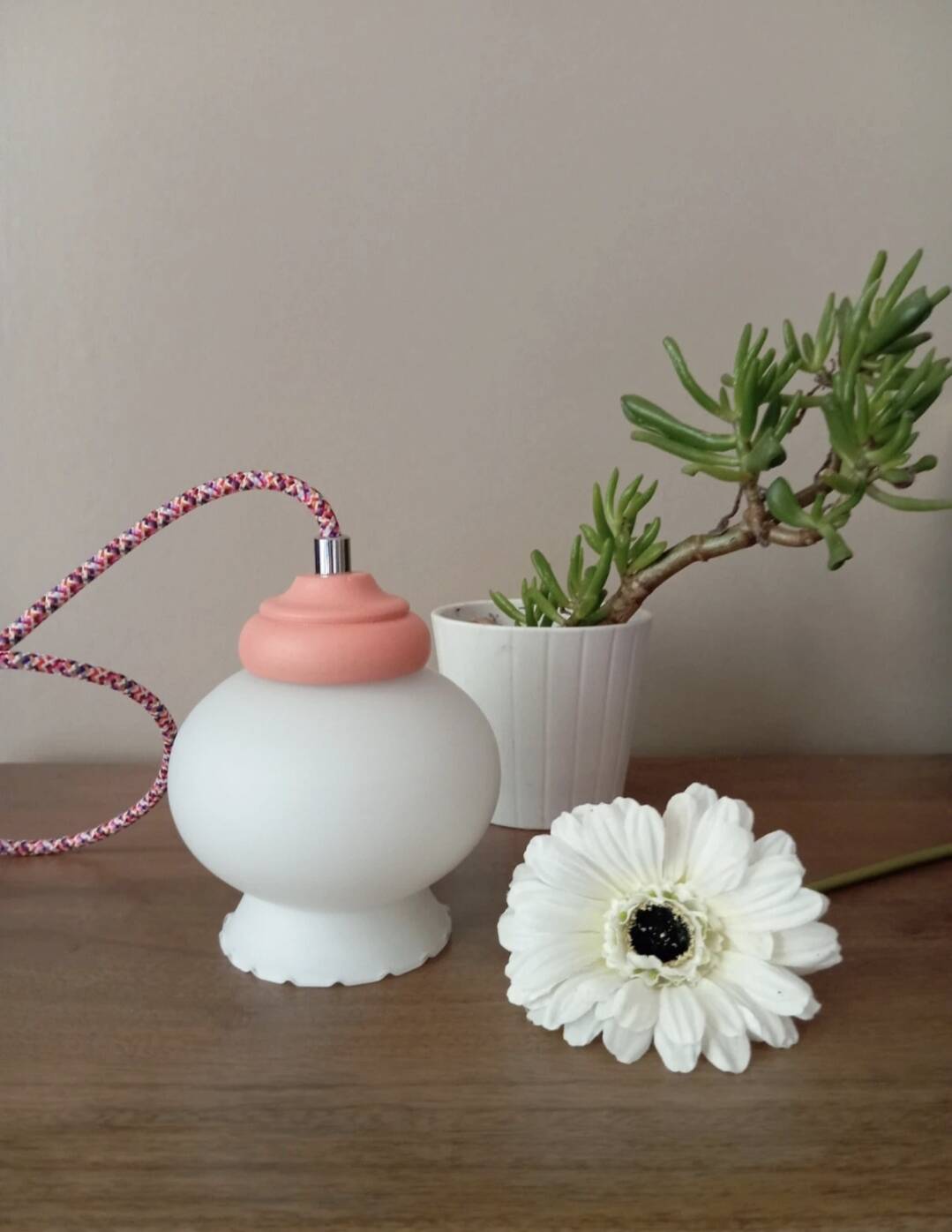 opal white reading lamp, coloured cord, vintage upcycled