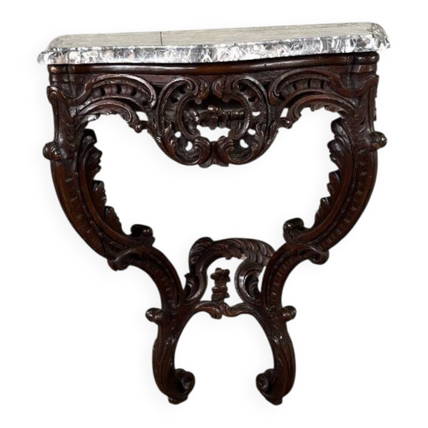 Console Louis XV en bois sculpté, marbre gris des Ardennes, XVIIIème siècle