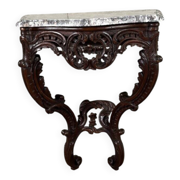 Console Louis XV en bois sculpté, marbre gris des Ardennes, XVIIIème siècle