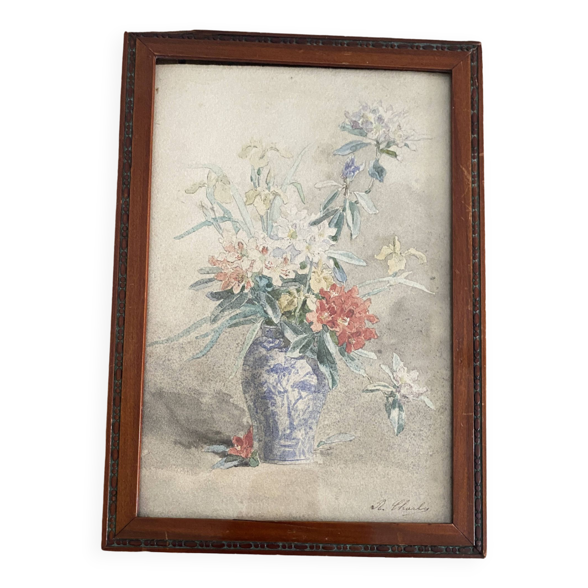 Aquarelle et cadre bois vernis 1900