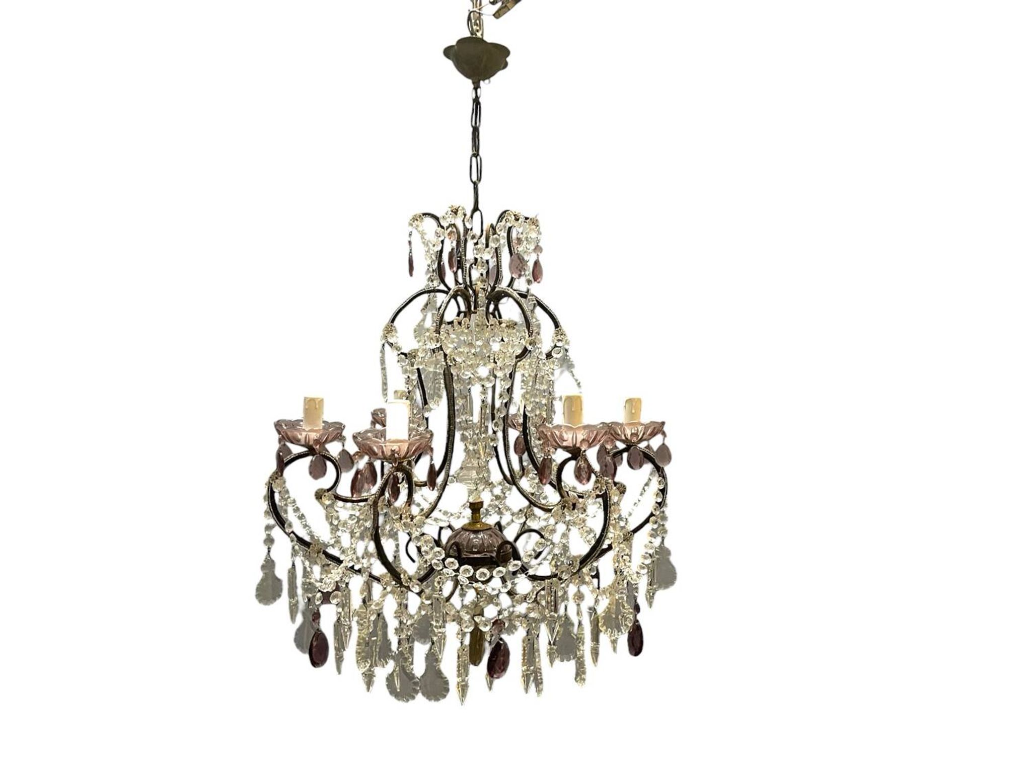 Vintage Italian Crystal Beaded Chandelier with Lilac Glass Bobeches, 1