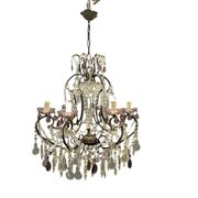 Vintage Italian Crystal Beaded Chandelier with Lilac Glass Bobeches, 1