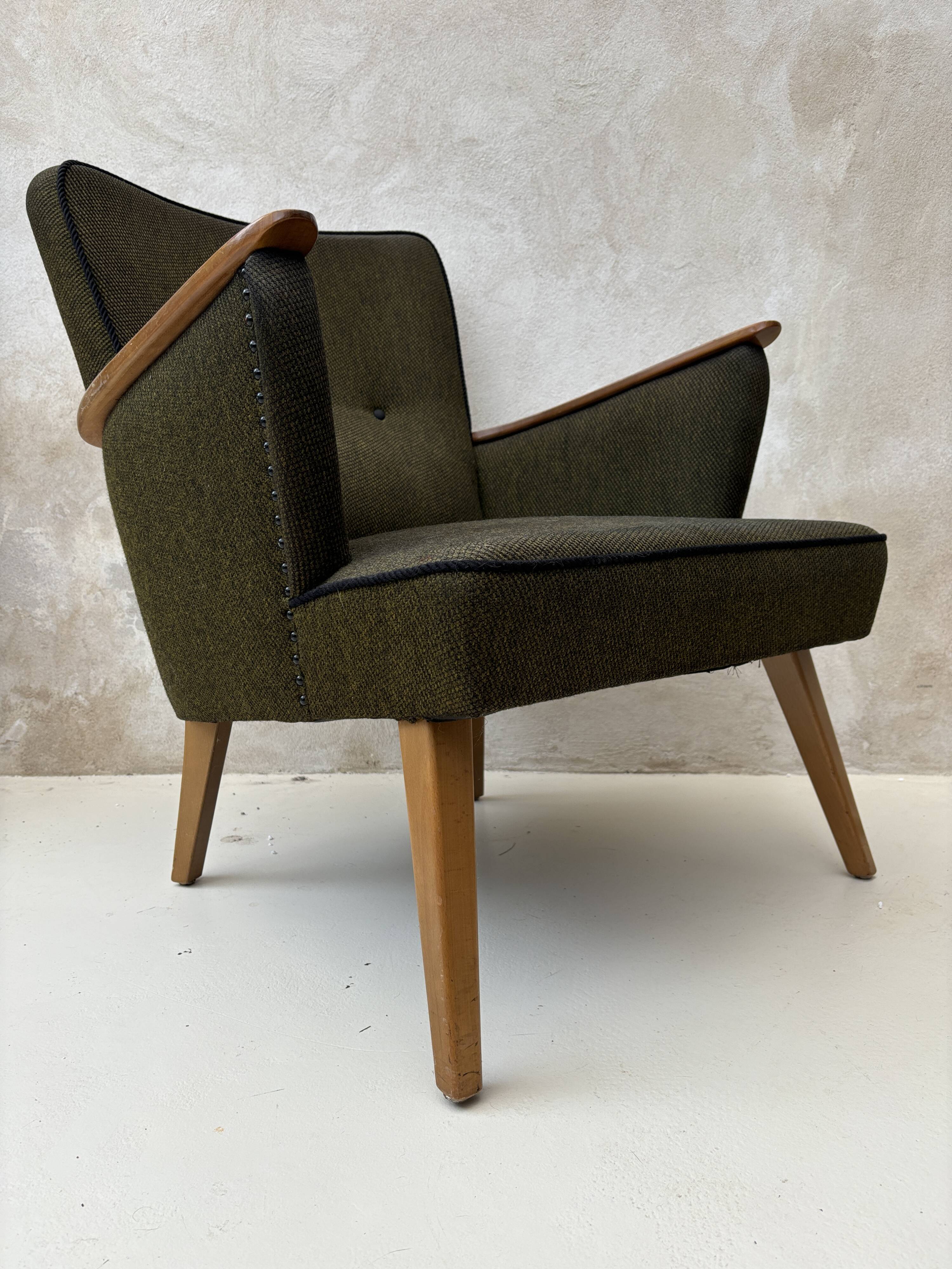Pair of vintage wooden and fabric armchairs from the 1960s.