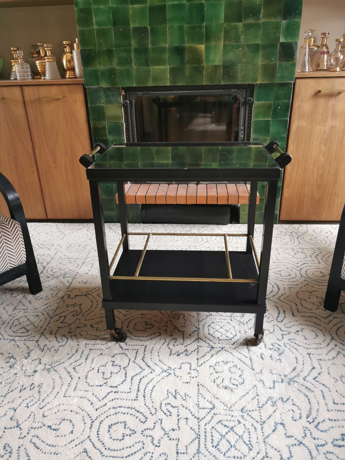 Art Deco wooden mirror and brass rolling service