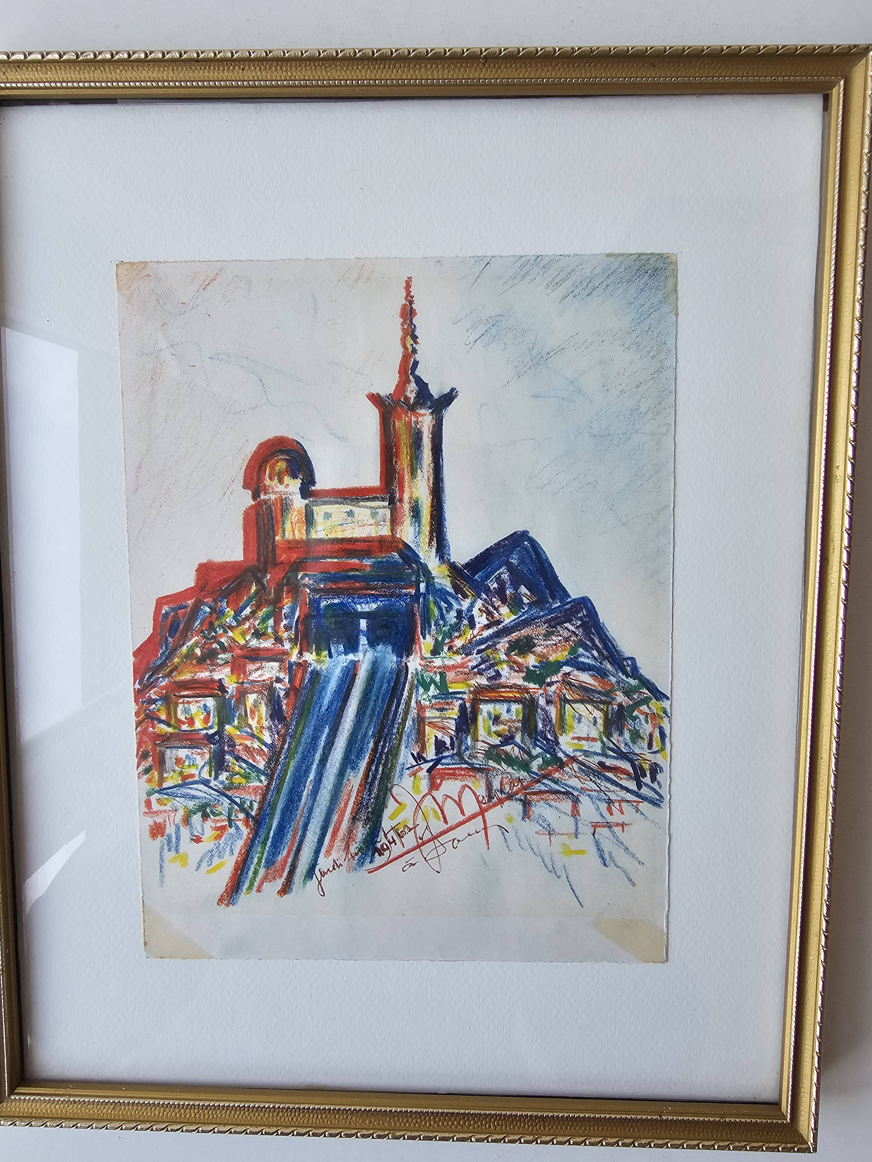 Pastel painting of Notre Dame de la Garde, Marseille. Signed JM (Signature at id)