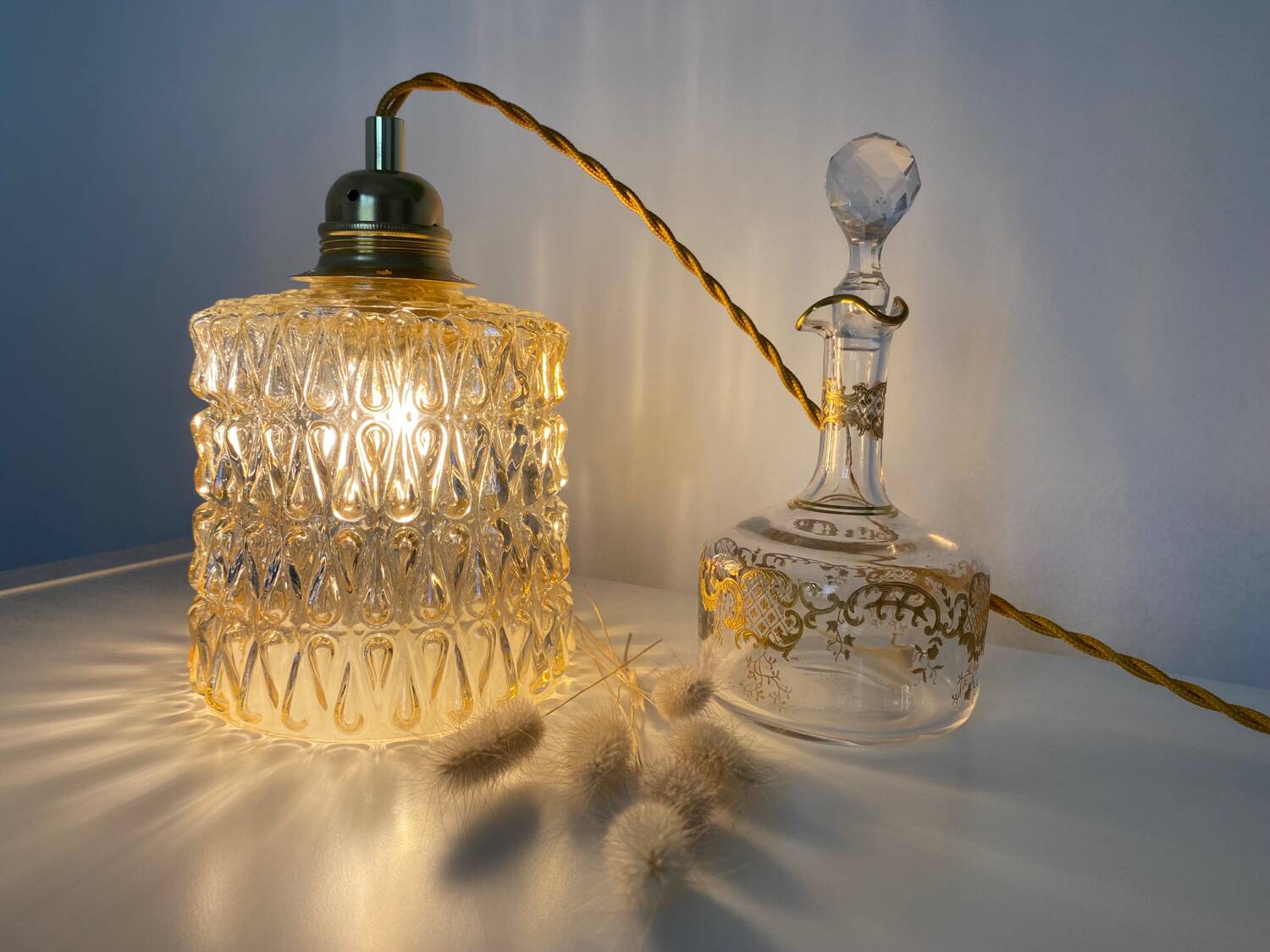 Walking lamp (or pendant light) with vintage amber glass globe