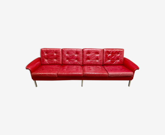 Red leather sofa 4 places design 1950.