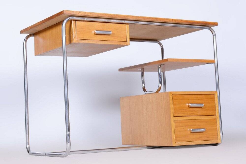 Bauhaus Writing Desk in Oak, Chrome-Plated Steel, Germany, 1930s
