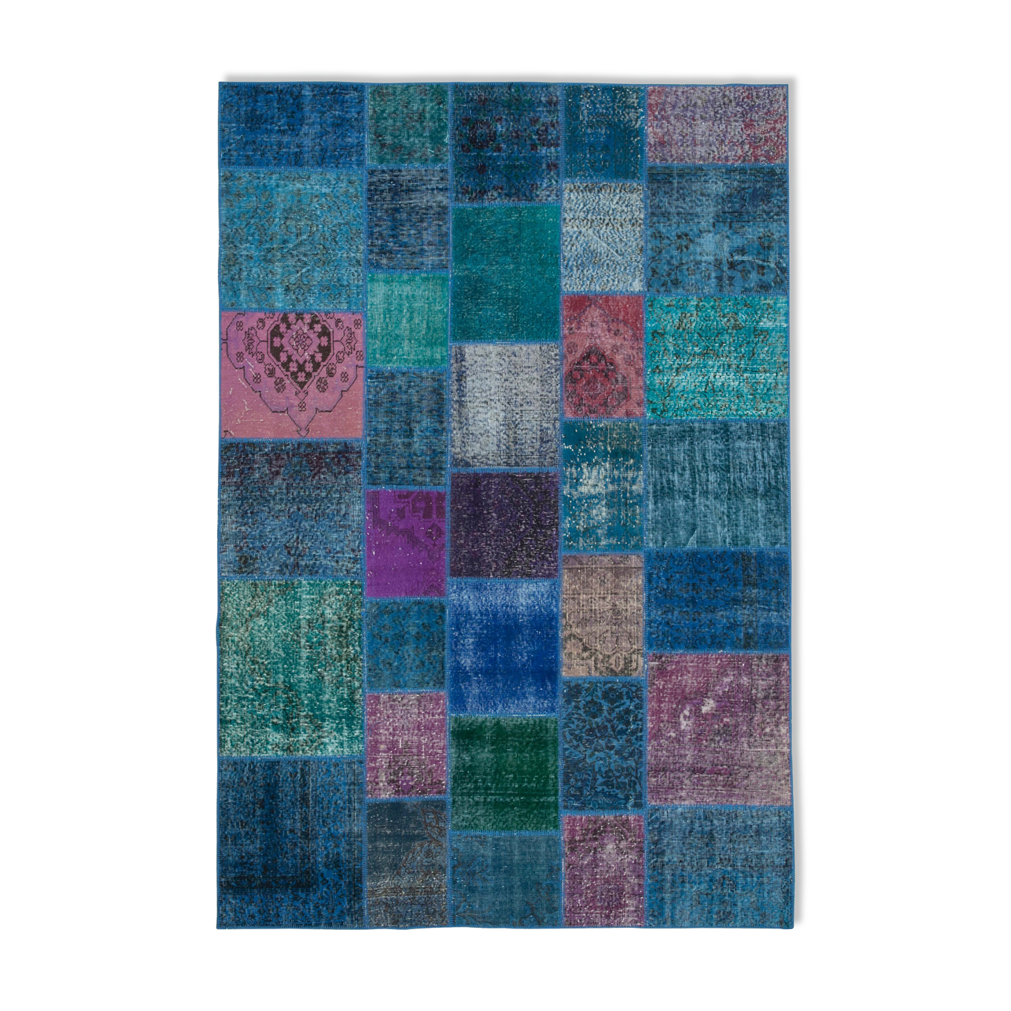 Handwoven anatolian contemporary 204 cm x 300 cm blue patchwork carpet