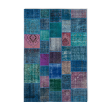 Handwoven anatolian contemporary 204 cm x 300 cm blue patchwork carpet