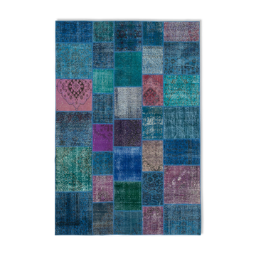 Handwoven anatolian contemporary 204 cm x 300 cm blue patchwork carpet