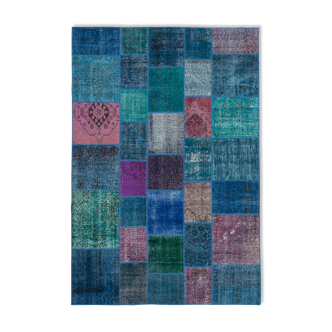 Handwoven anatolian contemporary 204 cm x 300 cm blue patchwork carpet