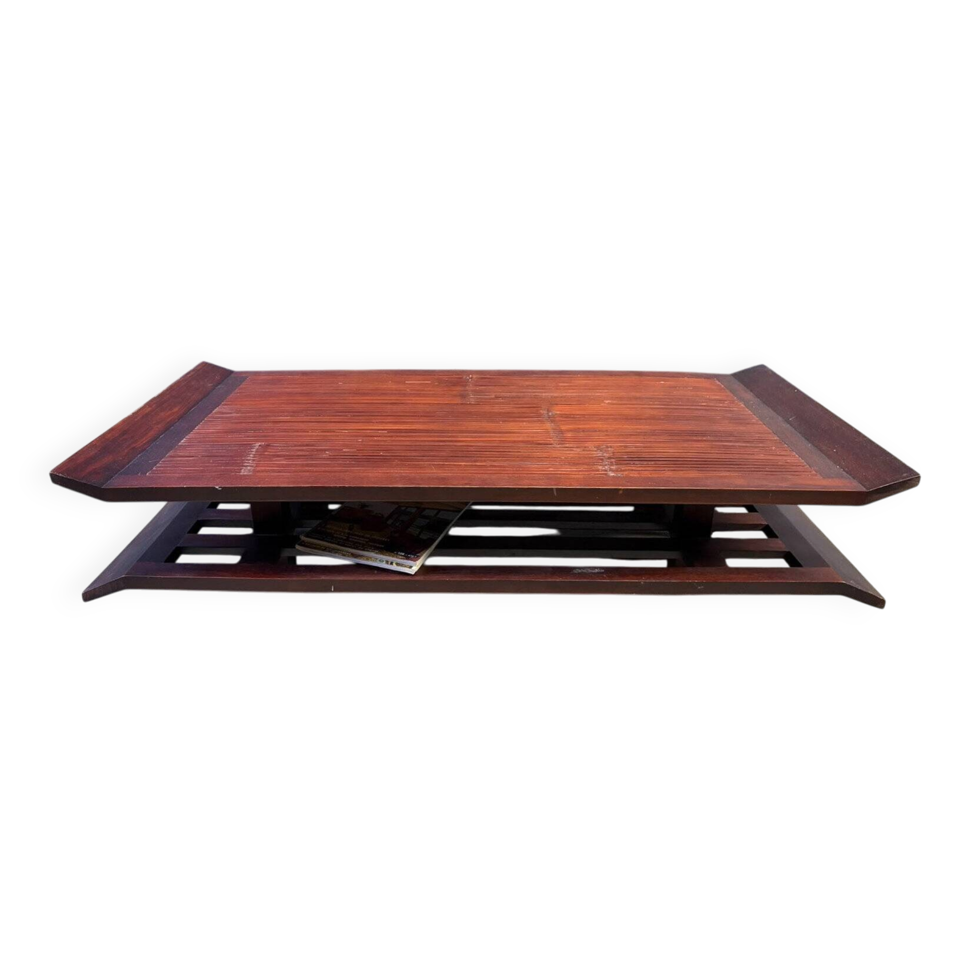 Two-tiered pagoda Wabi Sabi style coffee table in wood and bamboo, 1970s