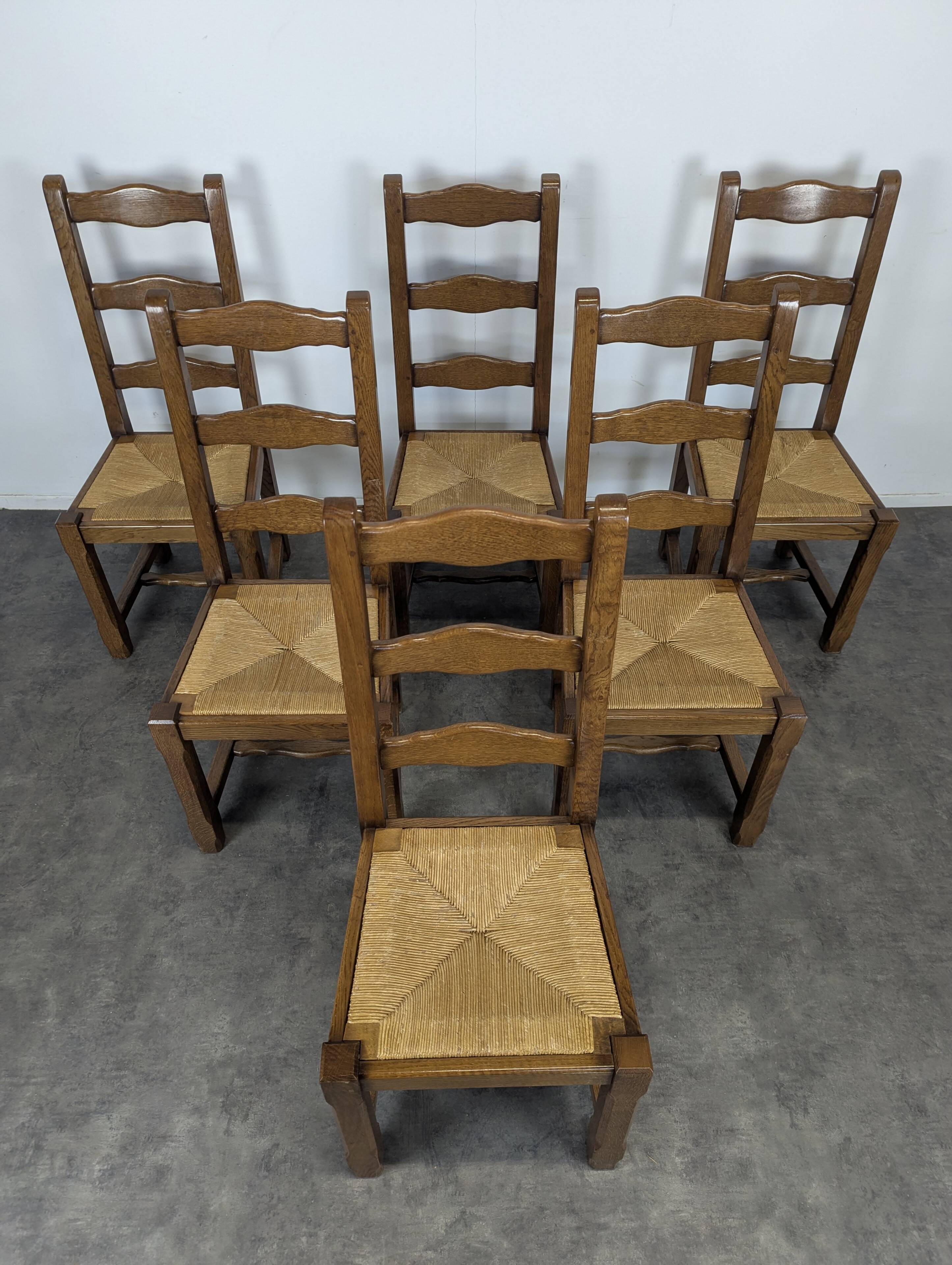 Set of 6 rustic oak straw chairs