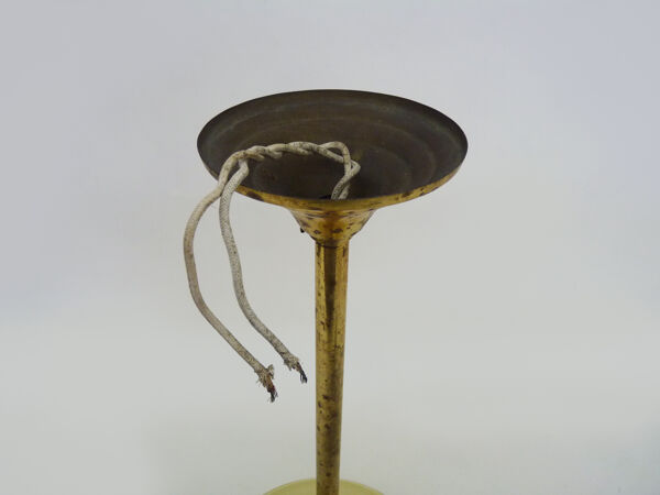 Suspension globe jaune granité, liseré doré abat jour ancien art déco. Année 50