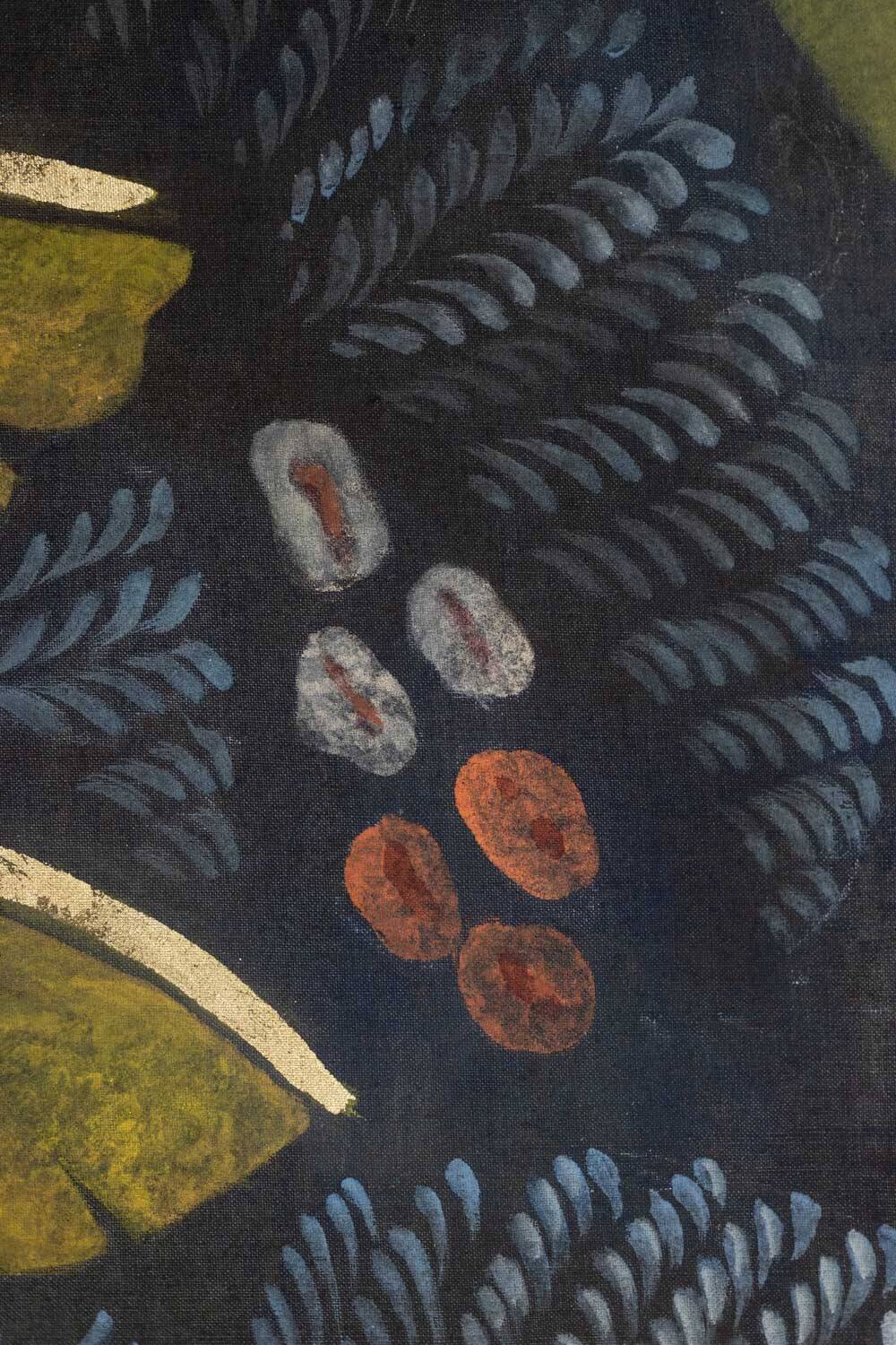 Painted canvas depicting a marmoset on a floral background. Contemporary.