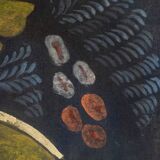 Painted canvas depicting a marmoset on a floral background. Contemporary.