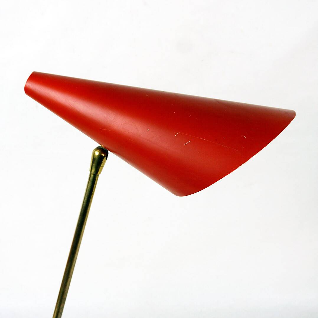 Red Austrian mid-century brass and iron table lamp by J.T. Kalmar