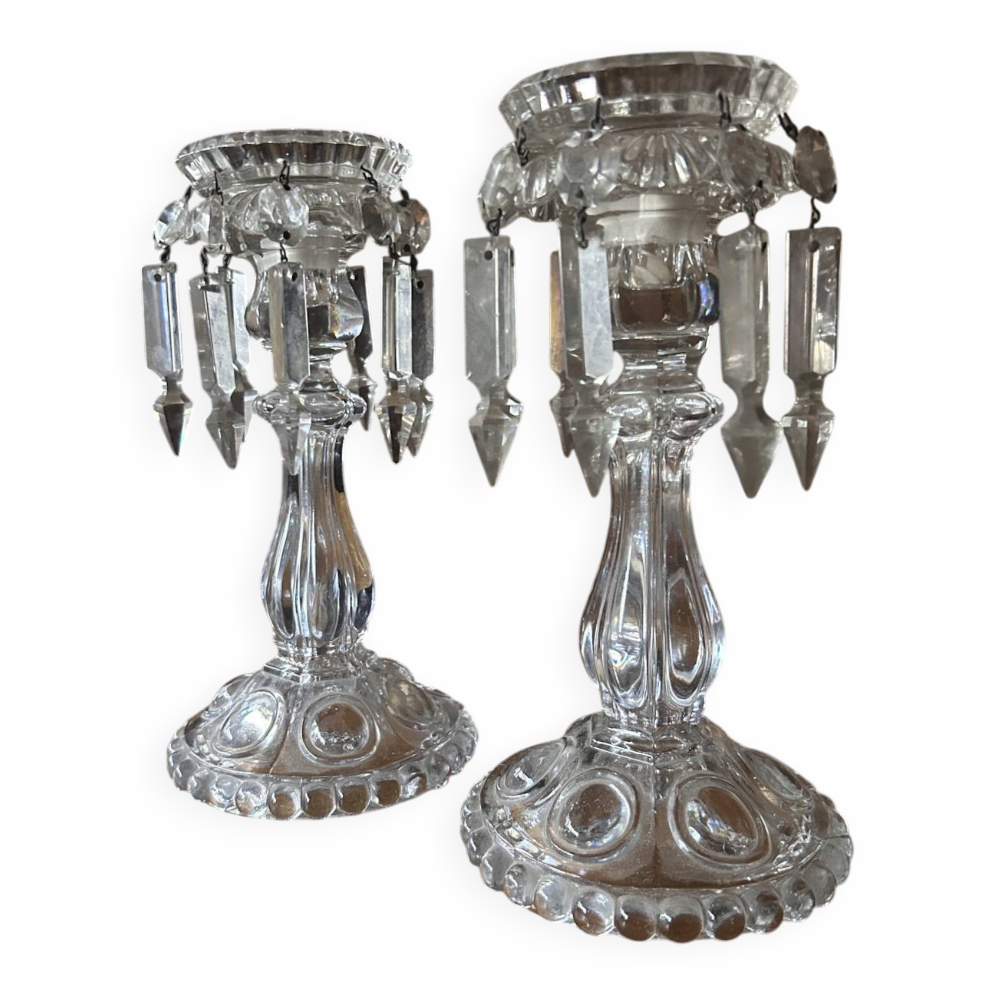 Pair of large Baccarat crystal candlesticks with pendants, a rare choice.
