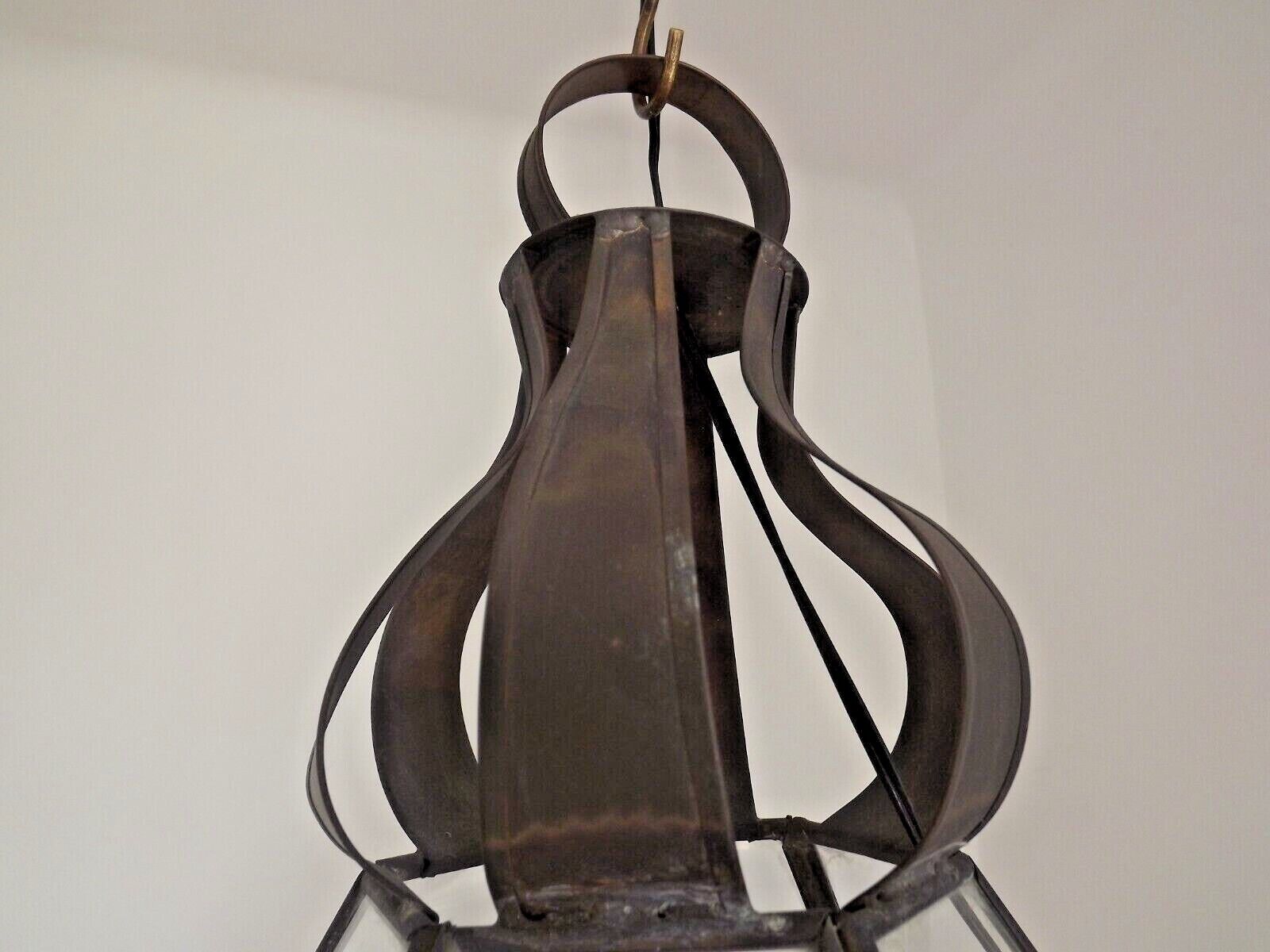Hexagonal shaped copper and glass hanging lantern