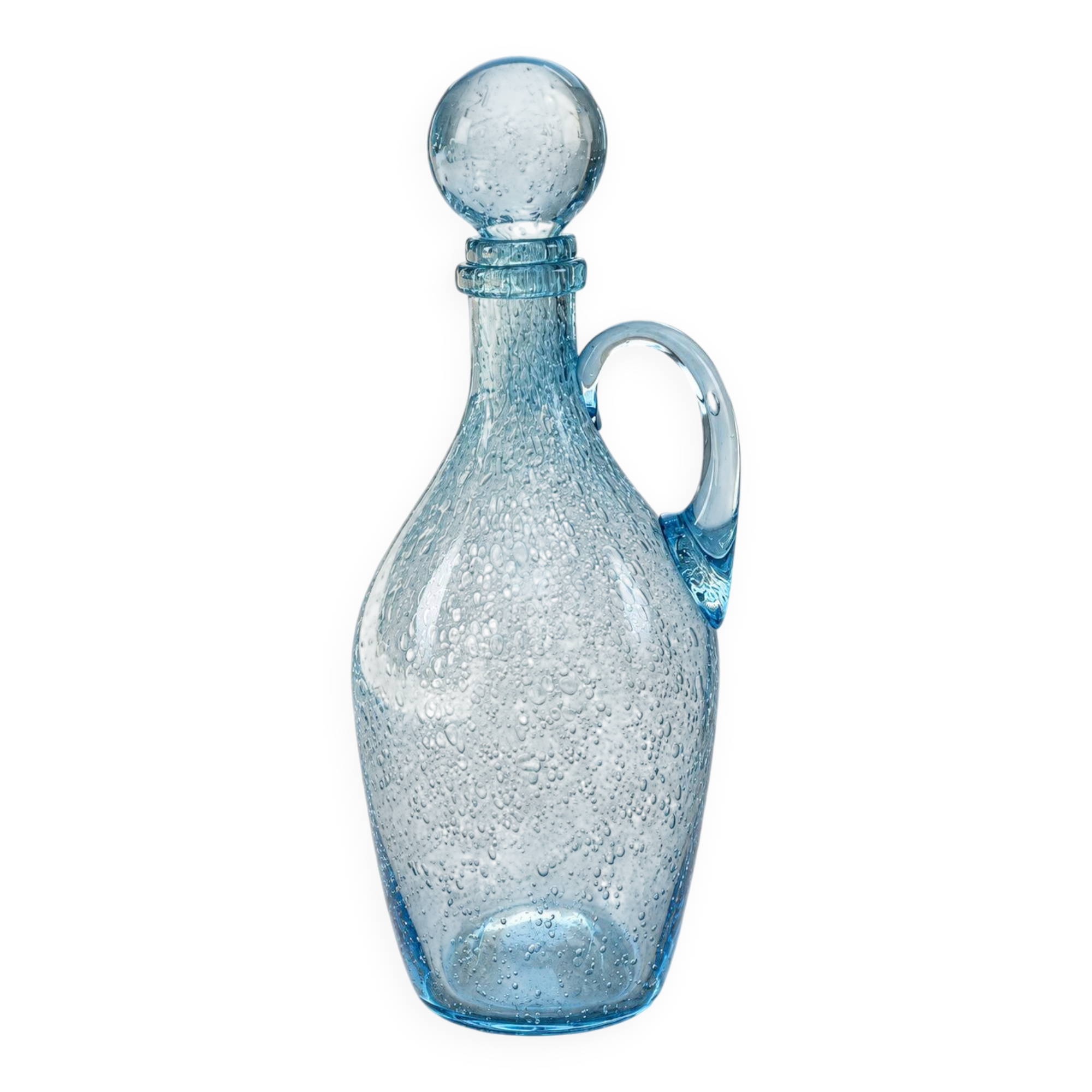 Carafe vintage en verre bullé bleu avec bouchon