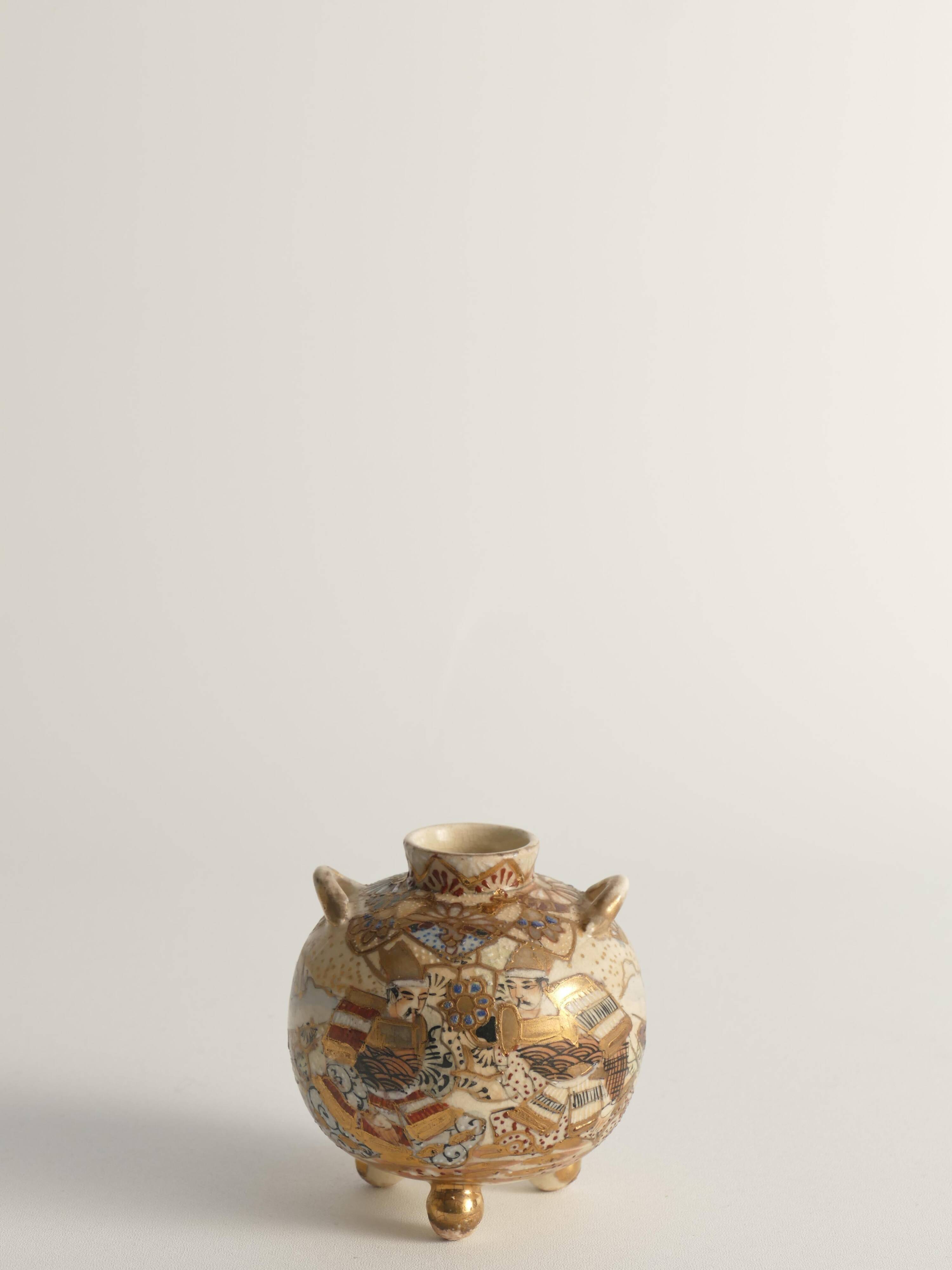 Satsuma Earthenware Vases, Hand-Painted Polychrome, Japan, Set of 2