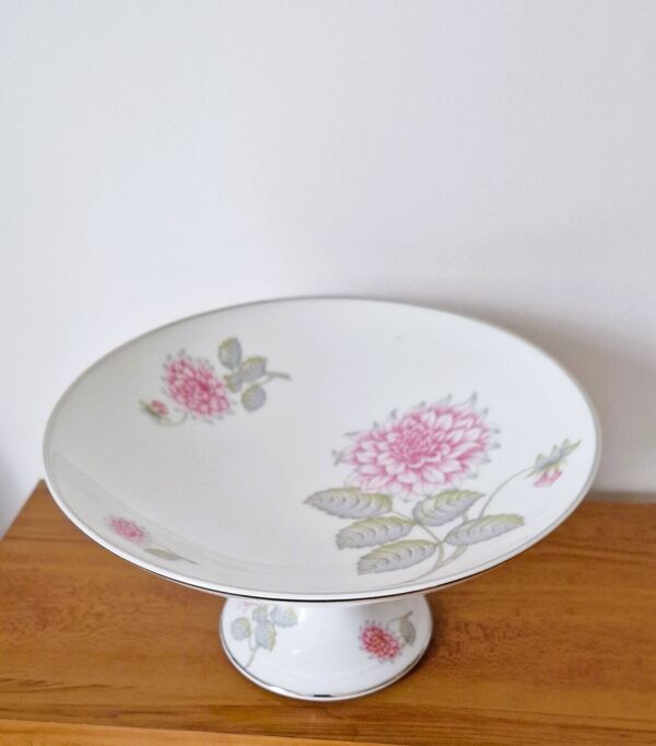 Coupe à fruits porcelaine de Haviland motif dalhia rose sur fond blanc