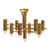 Brass ceiling light with 9 lights by Gaetano Sciolari, geometric design.