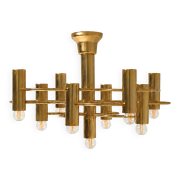 Plafonnier en laiton à 9 lumières de Gaetano Sciolari, design géométri