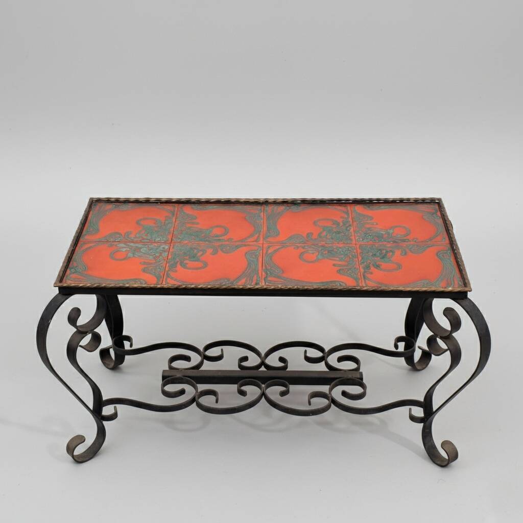 Vintage coffee table in glazed ceramic and wrought iron.