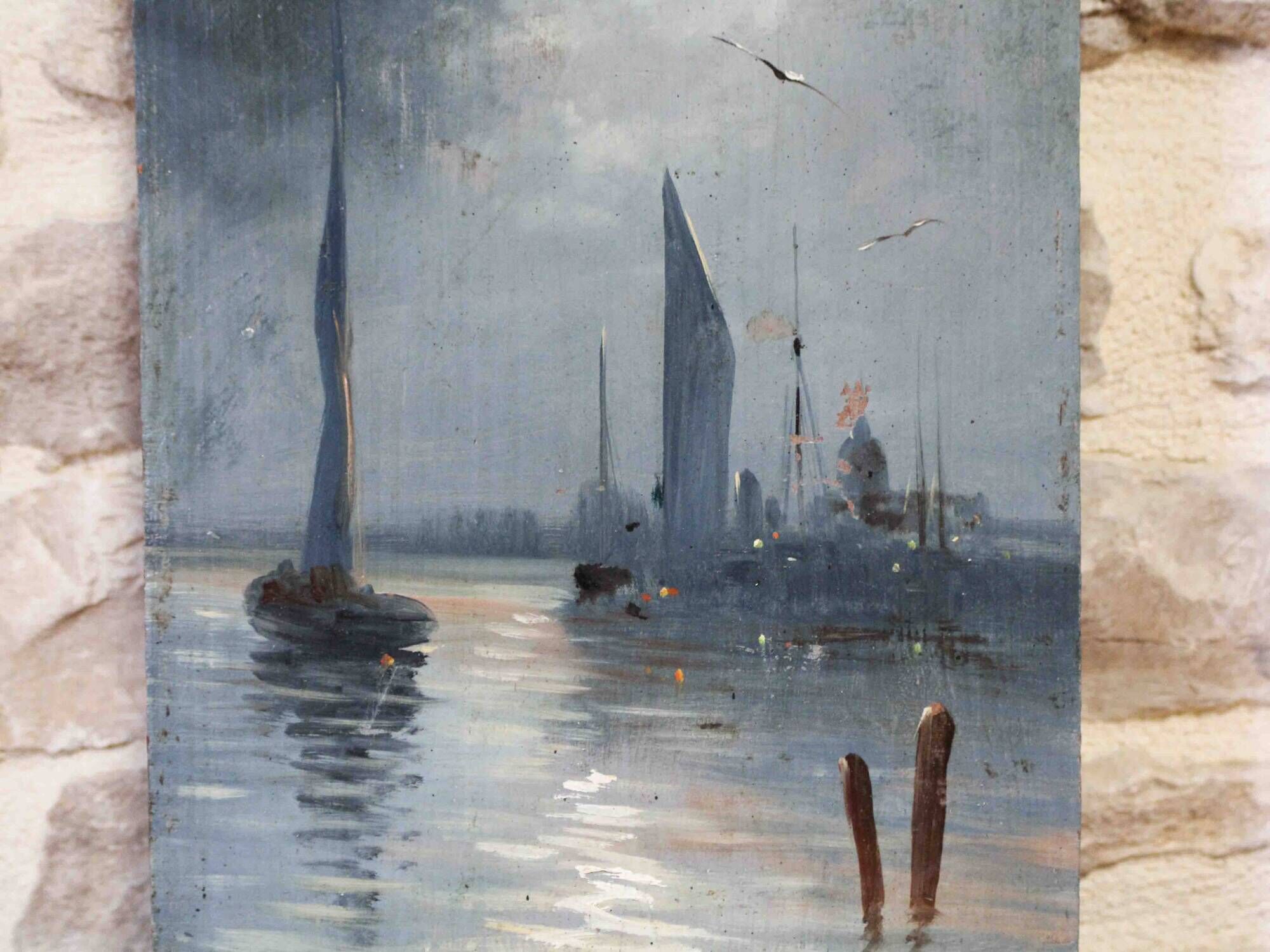 Oil on panel - Moonlight on the Thames in London