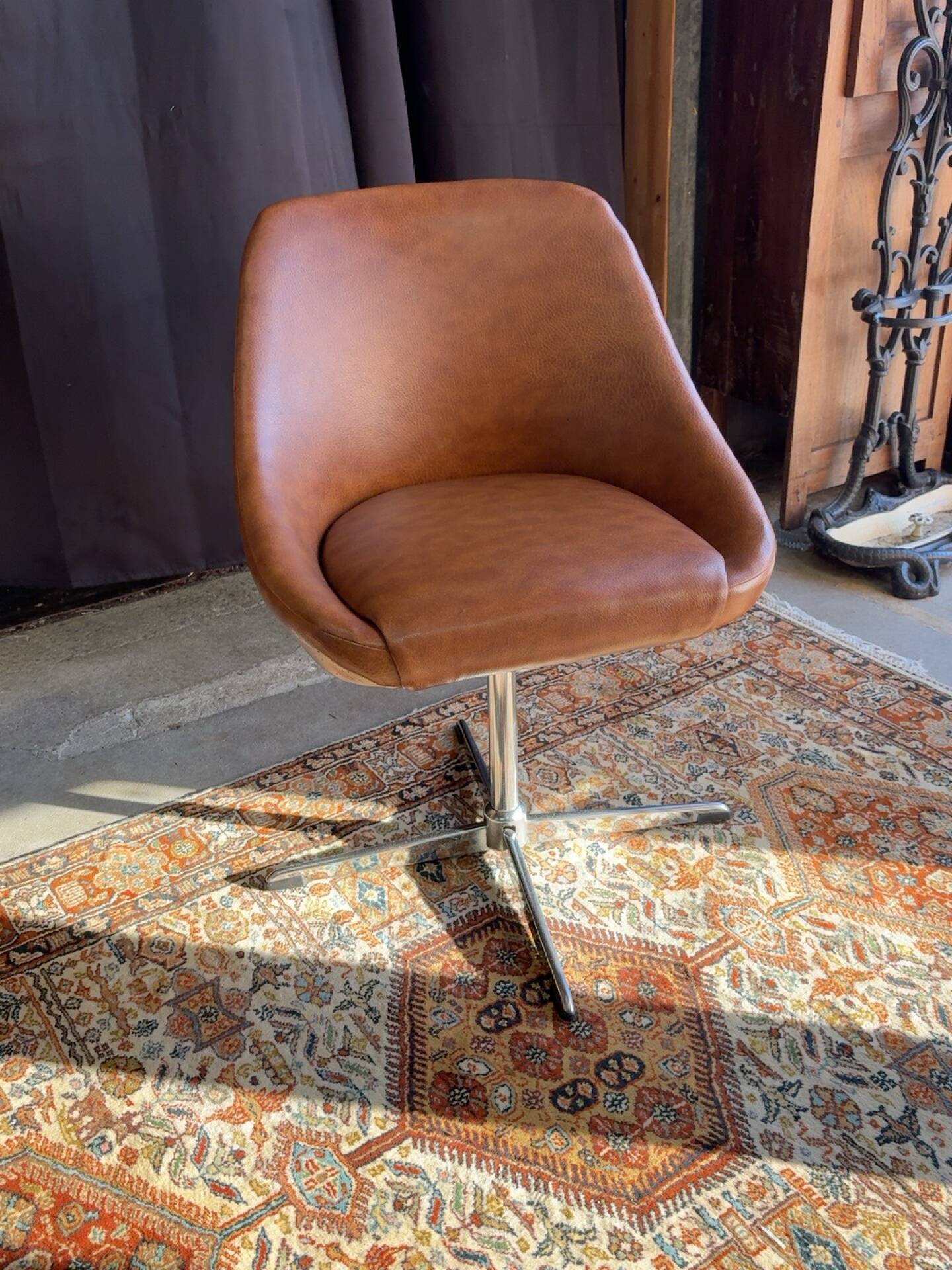 Vintage swivel office chair in cognac faux leather – 1970s