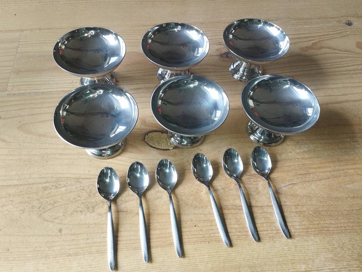 Vintage ice cream or dessert service in stainless steel