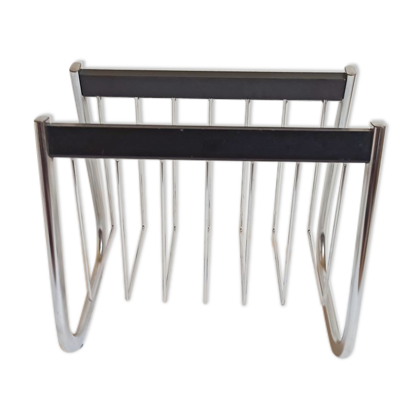 Magazine holder chrome metal and wood 70s