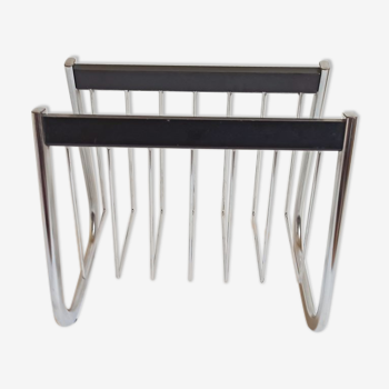 Magazine holder chrome metal and wood 70s